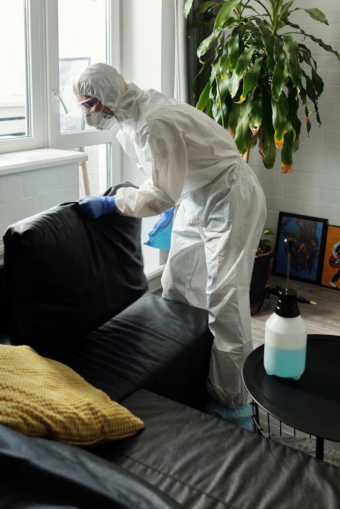 Cleaner in protective gear disinfecting a living room safely.